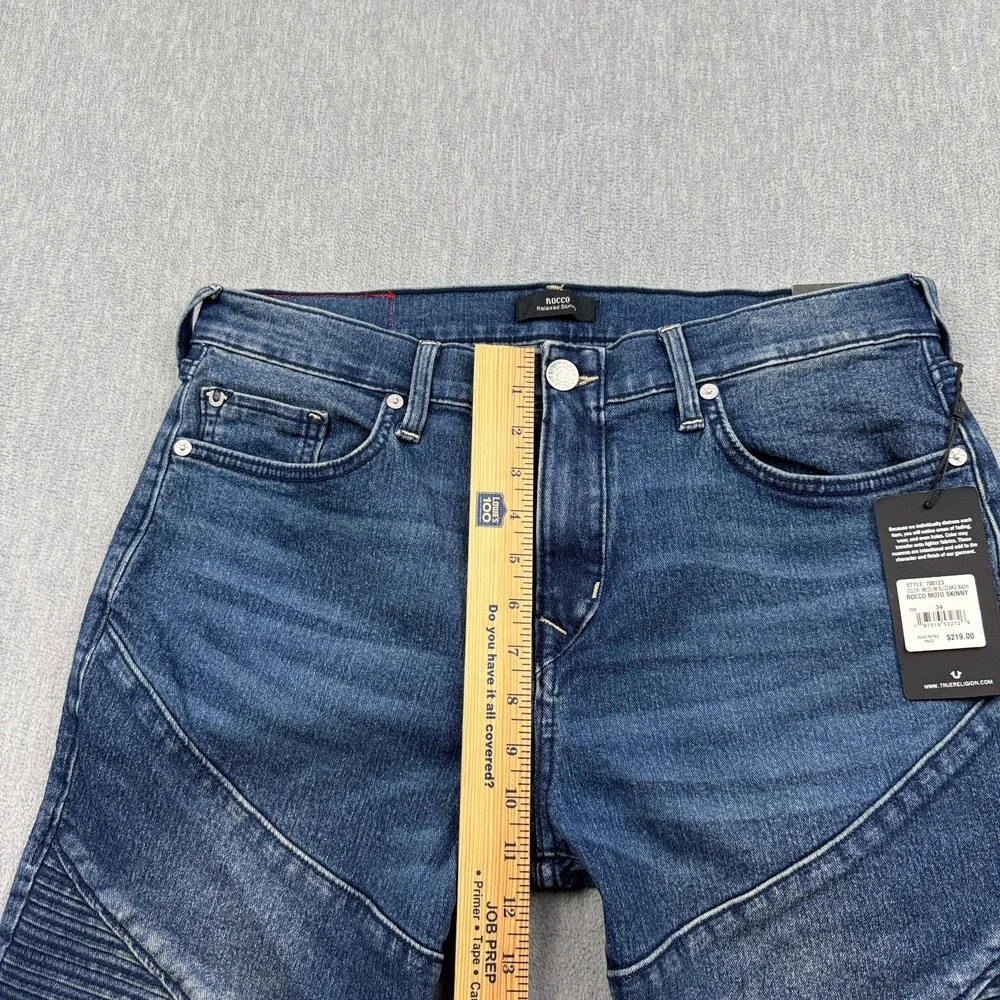 True Religion Jeans Mens 34X32 Blue Rocco Relaxed Moto Skinny Blizzard‎ Wash NWT